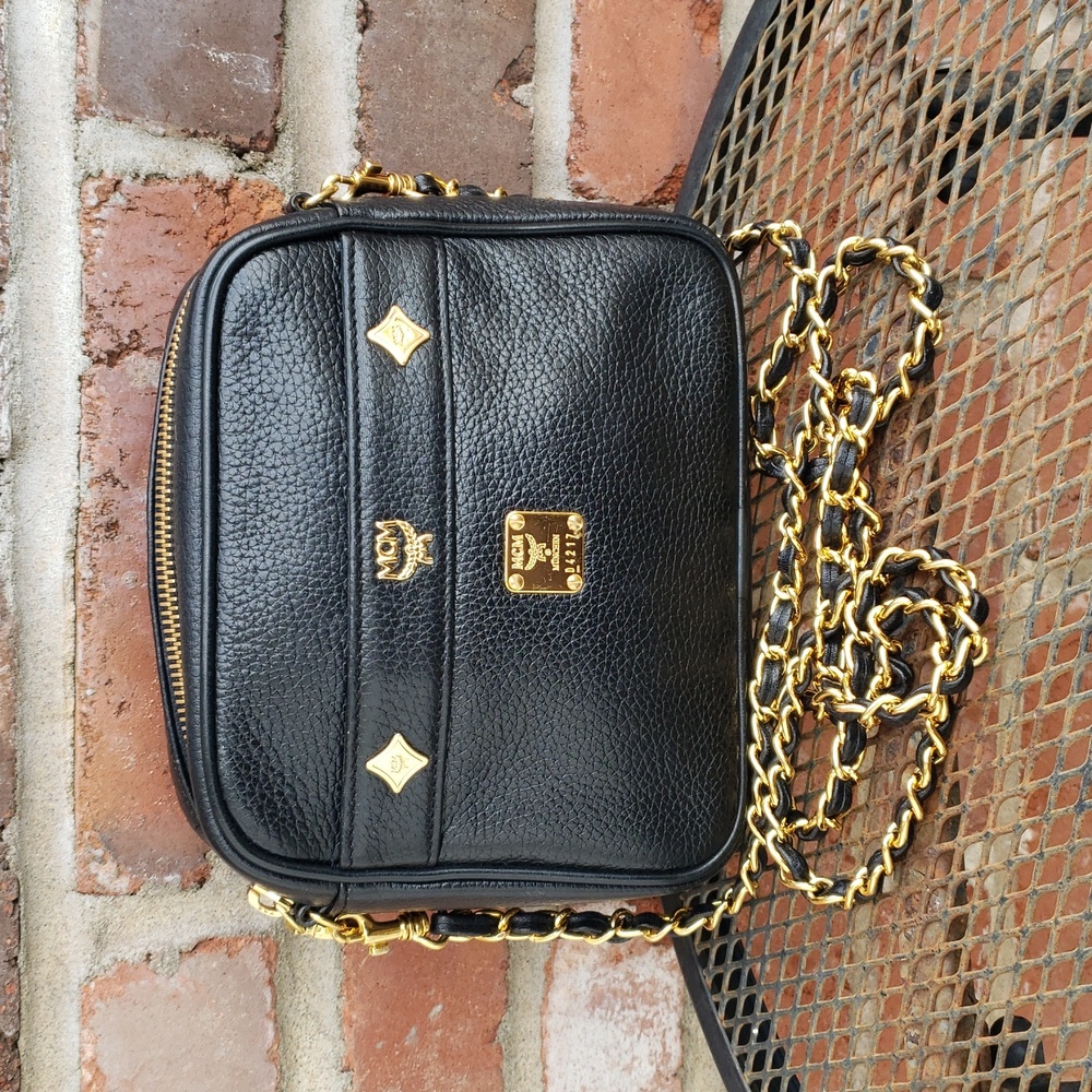 Vintage MCM Black Leather Gold Chain Mini Crossbody Bag Made in Germany Classic - Picture 1 of 17